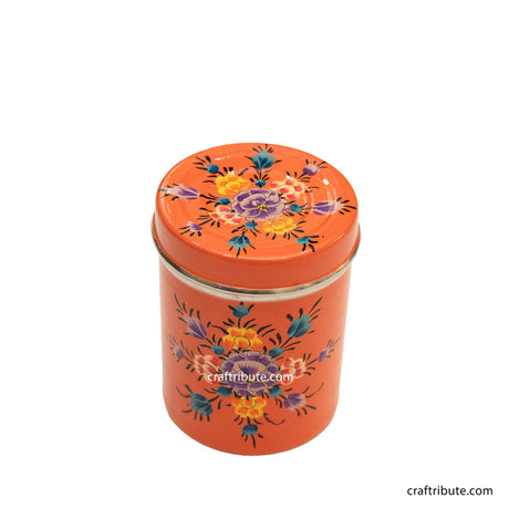 Hand painted steel container in peach colour with delicate floral design