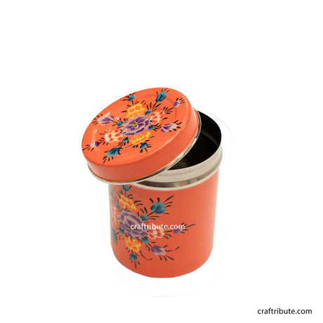Hand painted steel container with a lid in peach colour with delicate floral design