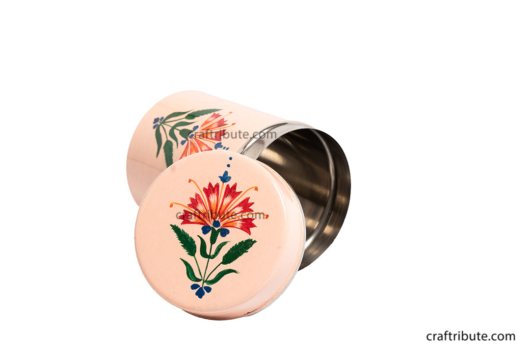 Hand Painted Steel Container With Handle | Craftribute | Kashmir Naqashi Art | Peach | 6.5 cm x 9.5 cm