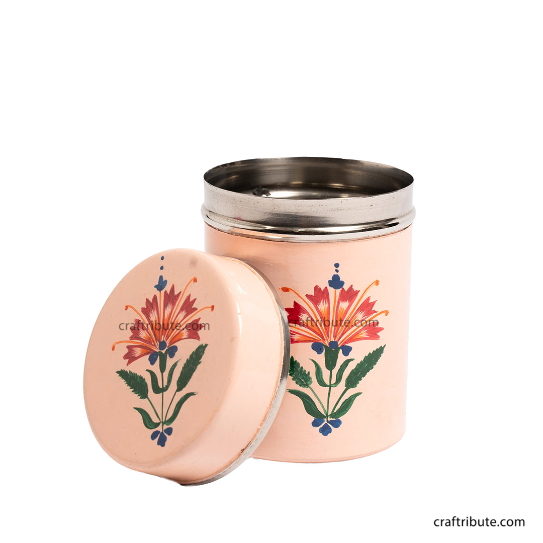 Hand Painted Steel Container With Handle | Craftribute | Kashmir Naqashi Art | Peach | 6.5 cm x 9.5 cm
