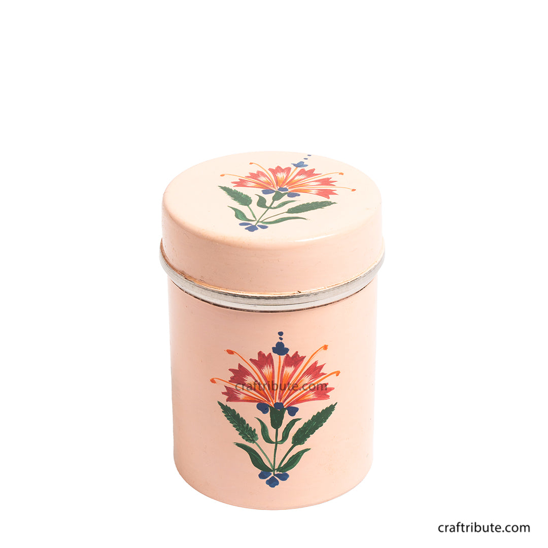 Hand Painted Steel Container With Handle | Craftribute | Kashmir Naqashi Art | Peach | 6.5 cm x 9.5 cm