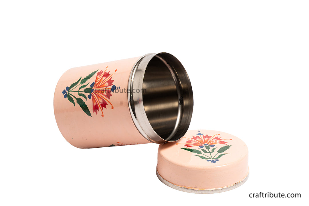 Hand Painted Steel Container With Handle | Craftribute | Kashmir Naqashi Art | Peach | 6.5 cm x 9.5 cm