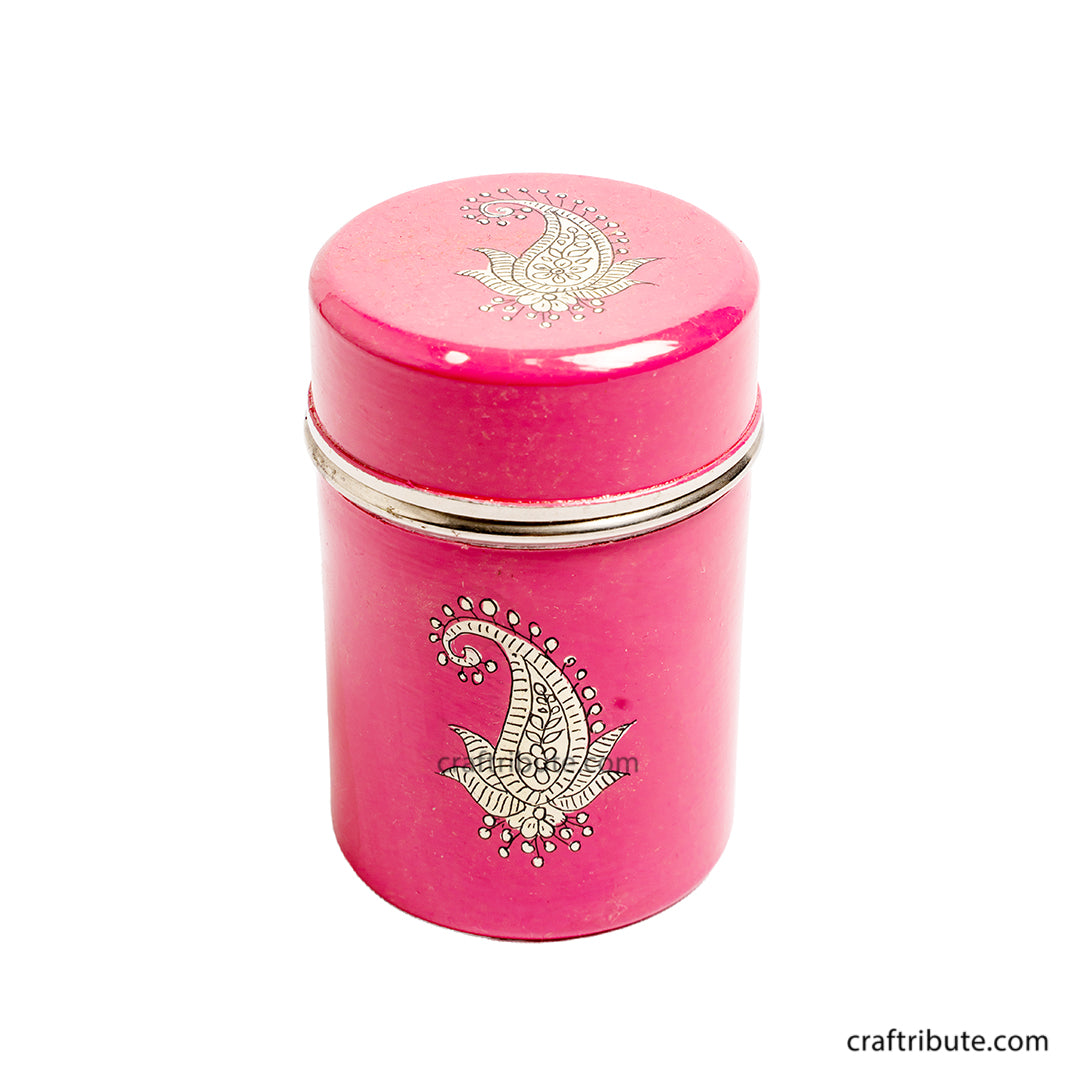 Front view of hand painted steel container with paisley design