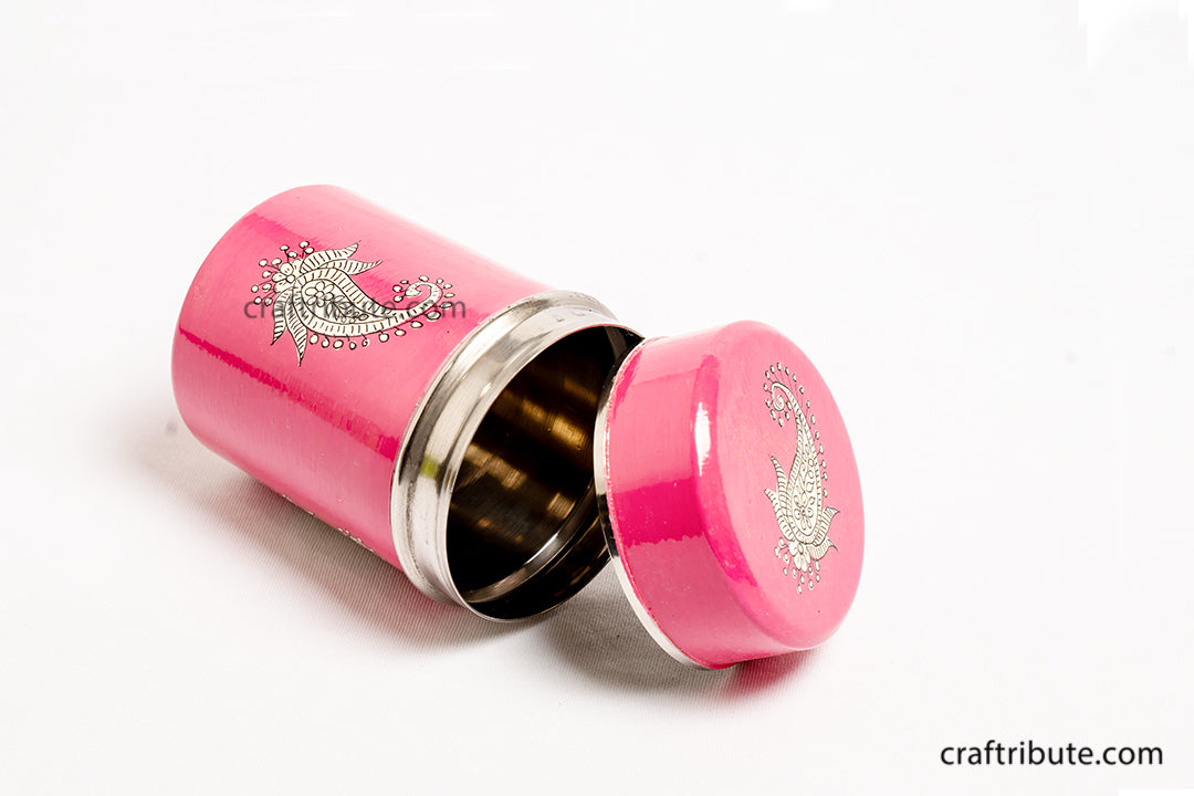 Picture depicting a pink hand painted steel container by Naqashi Artisans from Kashmir with Paisley design depicting a side view