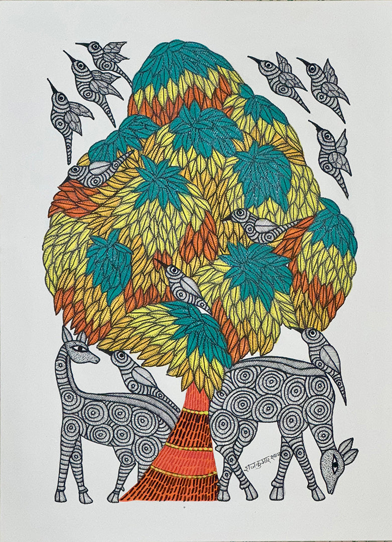 Eye catchy Gond Painting of a tree in bright colours and deer foraging in its shade