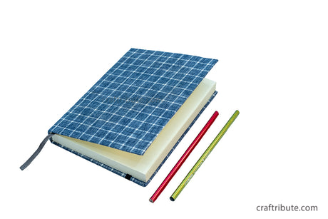 Handmade Paper Notebook with Grey fabric cover with ruled pages and an elastic band