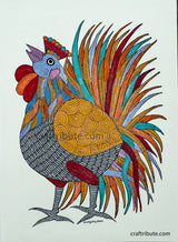 Tribal Art - Authentic Gond Painting depicting a majestic Rooster