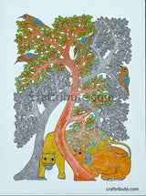 Tribal Art Gond Painting depicting tigers under a tree. Wall decor that will give your home a character.