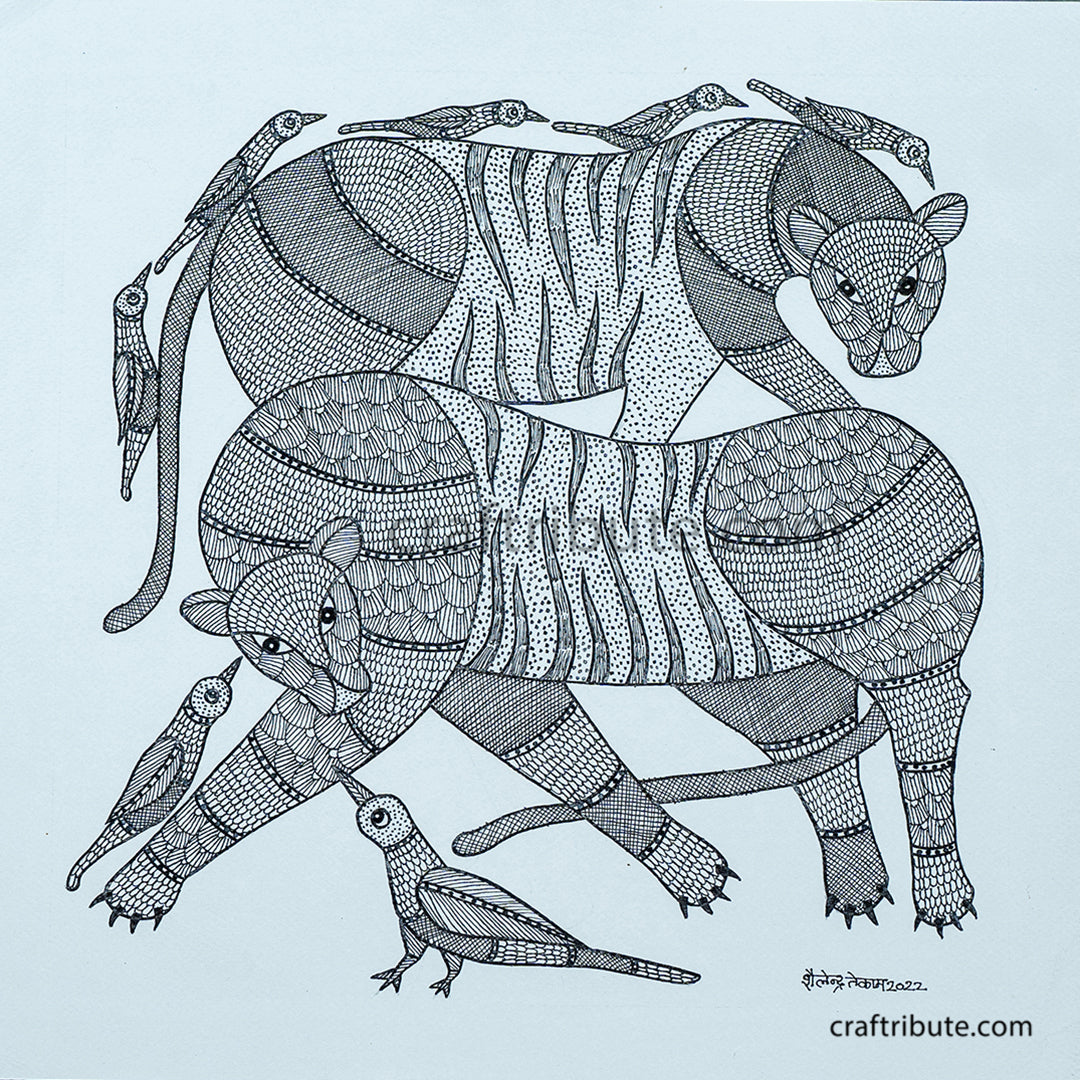 Authentic Tribal Gond Painting | Craftribute | Two Tigers  | Wall Decor - 38 cm x 38 cm