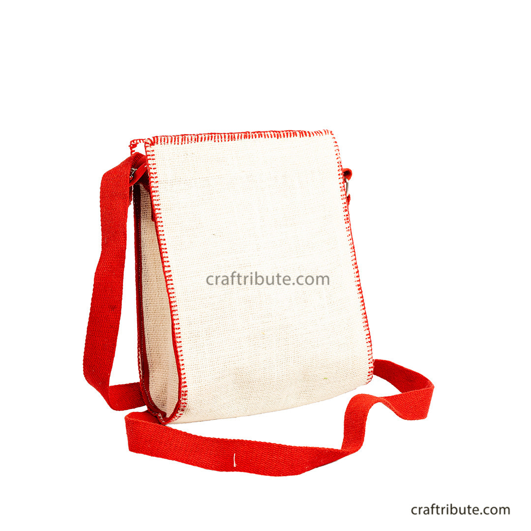 Jute Sling Bag With Tribal Hand Embroidery | Kamli Tribes | With Tassel | 19 cm x 23 cm