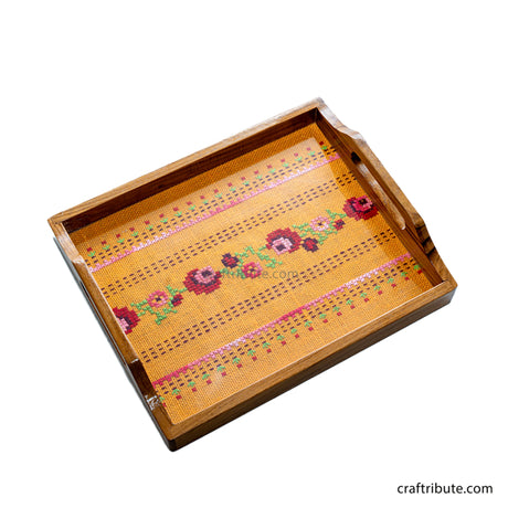Hand Embroidered Jute base Serving Tray with a teak wood frame.