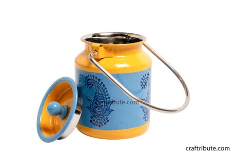 Attractive Steel container with handle hand painted by Naqashi artisans in Kashmirin yellow & blue colour and embellished with a delicate paisley design