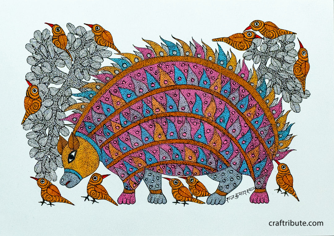 Porcupine Painting in vibrant colours and intricate textures in Gond Art Style