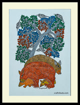 Tribal Art Gond Painting with a frame that depicts wild bears under a tree.