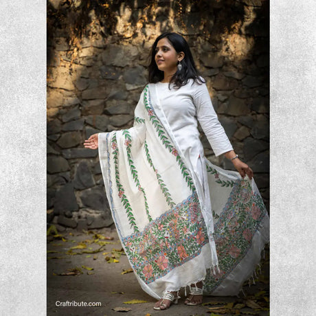 Madhubani Cotton Dupatta with Bel Design (B&W)