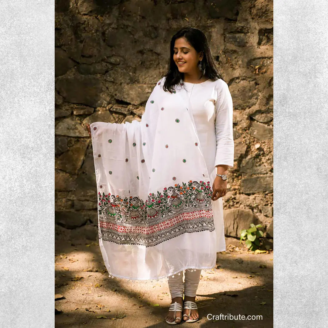 Indian Beige & red Vintage Dupatta Long Stole Madhubani Print Pure Cotton Scarves Scarf Veil Wrap Boho Soft Floral Design main image 0