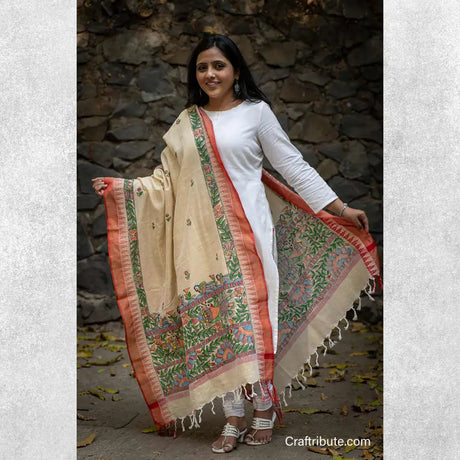 Madhubani Cotton Silk Dupatta with Red Border