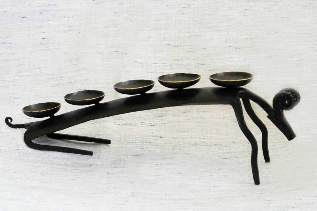 Side view of the Wrought Iron Medha (Aries) design T Light candle holder showcasing tribal art of Bastar, Chhattisgarh