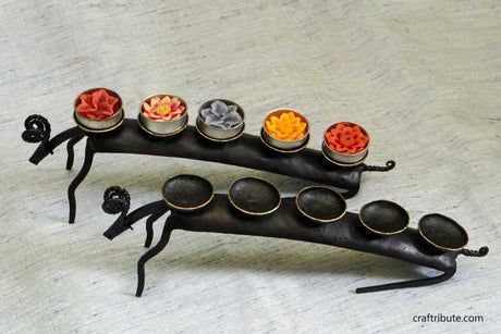 Wrought Iron Medha (Aries) design T Light candle holder with decorative candles showcasing tribal art of Bastar, Chhattisgarh 