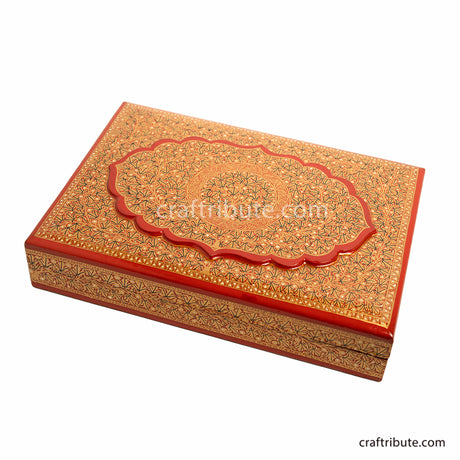 Hand painted Jewellery Box in Red and Golden with intricate Naqashi Design from Srinagar, Kashmir