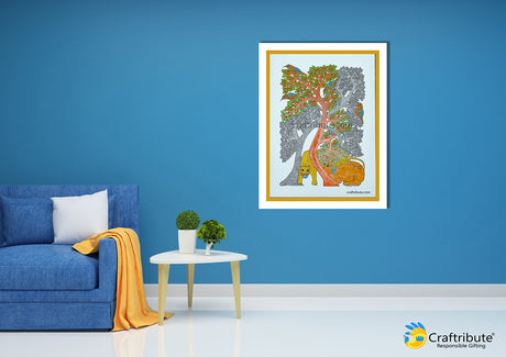 Tribal Art Gond Painting framed on the wall depicting tigers under a tree- A unique wall decor for your home.
