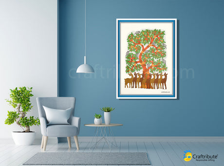 Gond Painting – Ten deer under a tree