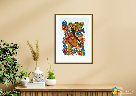 Authentic Tribal Art - Gond Painting framed on the wall depicting a beautiful forest goddess aka Vandevi.