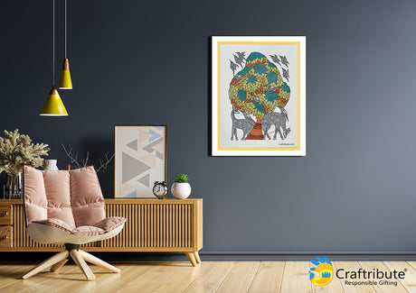 Grey home wall with a framed Gond Painting