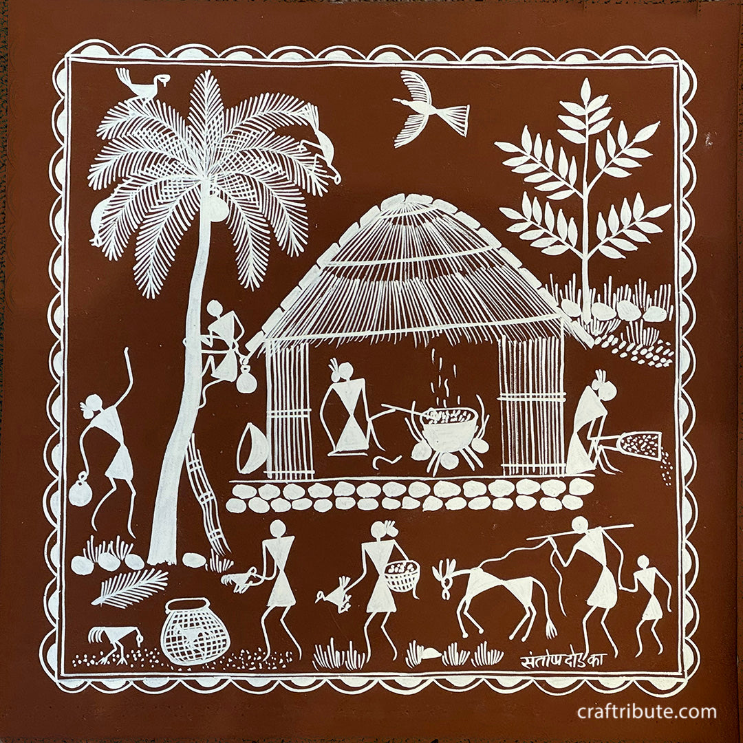Tribal Warli Painting | Craftribute | Palm Tree and House | Wall Decor 30 cm x 30 cm