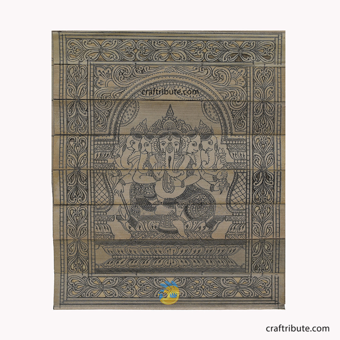 Odisha Palm Leaf Painting (Talapatra Chitra) | Craftribute | Panchamukhi Ganesha | Wall Decor - 20 cm x 25 cm