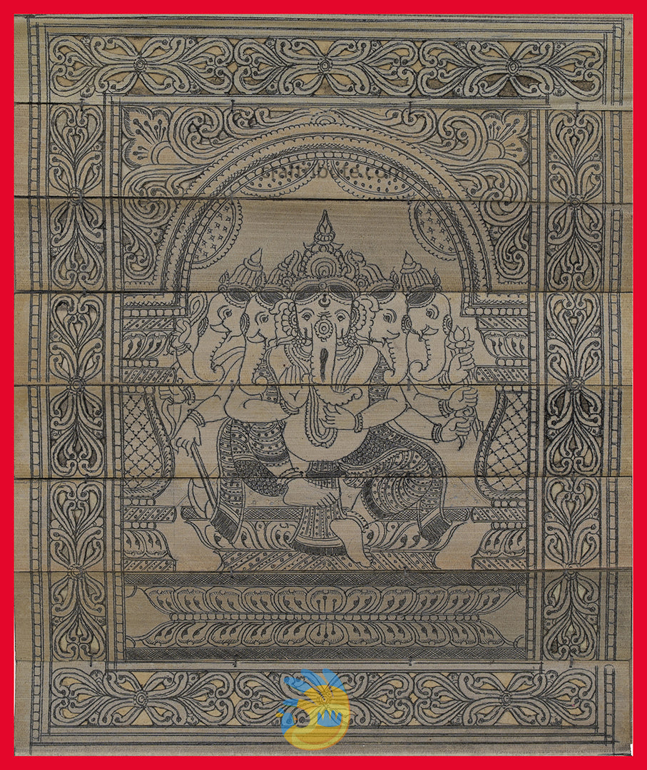Ancient art of Palm Leaf Painting (Talapatra Chitra) from Odisha depicting a unique Panchamukhi Lord Ganesha form. Golden Yellow frame is suggested to enhance the beauty of the painting even further.