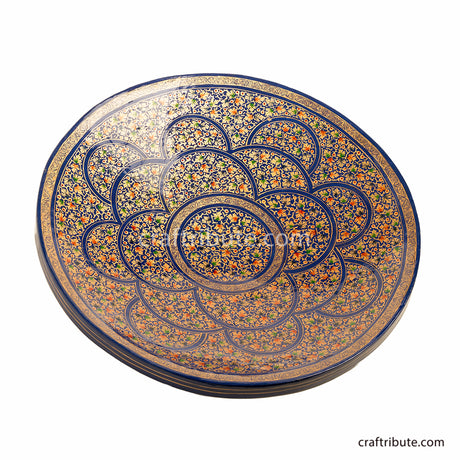 Paper Mache handcrafted and hand painted decorative plate in Blue and Golden