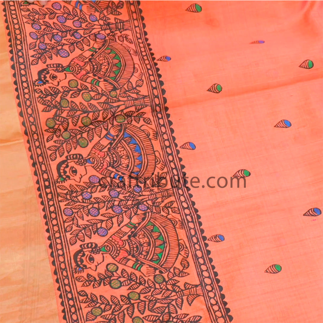 Madhubani Hand Painted Raw Silk Saree | Craftribute | Radha Krishna