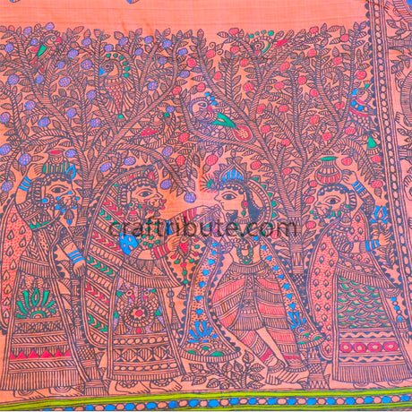 Madhubani Hand Painted Raw Silk Saree | Craftribute | Radha Krishna