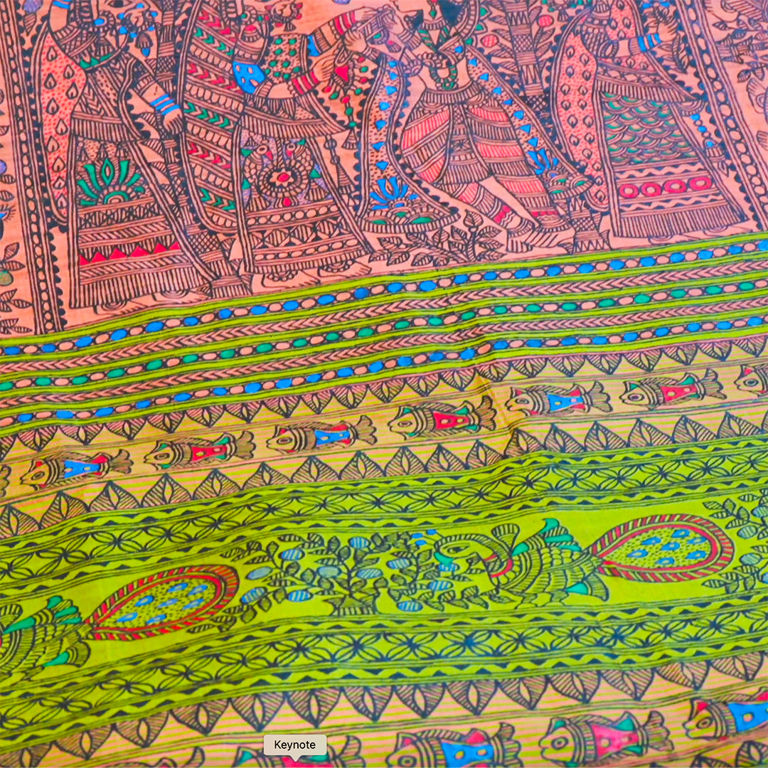 Madhubani Hand Painted Raw Silk Saree | Craftribute | Radha Krishna