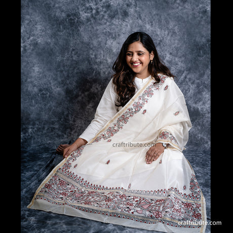 Madhubani designs hand painted on Chander Silk dupatta with elaborate peacocks and floral design