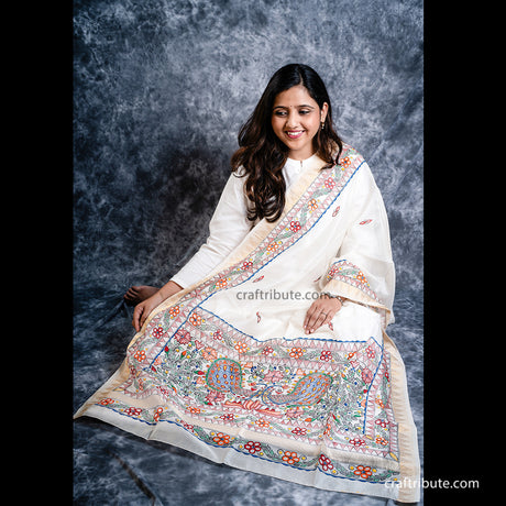 Pair of peacocks hand painted on Chanderi Silk dupatta by artisans from Madhubani, Bihar