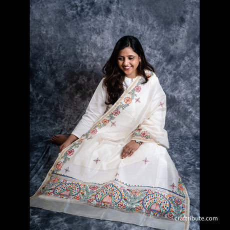 Chanderi Silk Dupatta with hand painted Madhubani designs depicting dancing peacocks