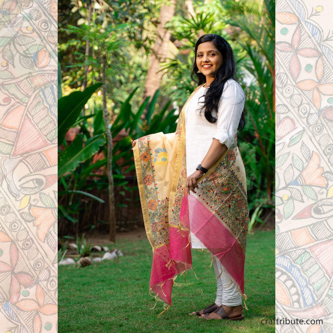 Madhubani hand painted Cotton Silk Dupatta – Pink Border