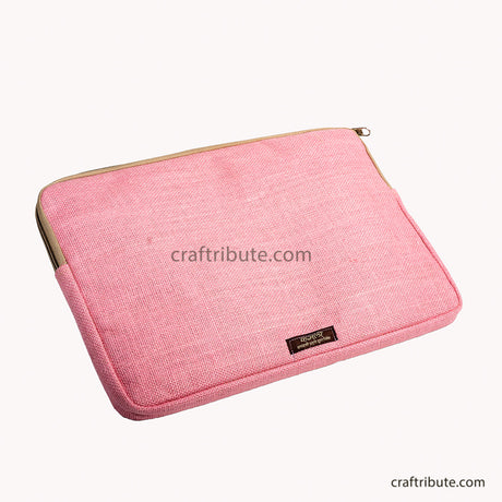 Back side of hand embroidered 15" laptop sleeve in attractive baby pink