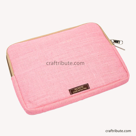 Back side of the hand embroidered jute 11" iPad/Tablet sleeve in baby pink colour