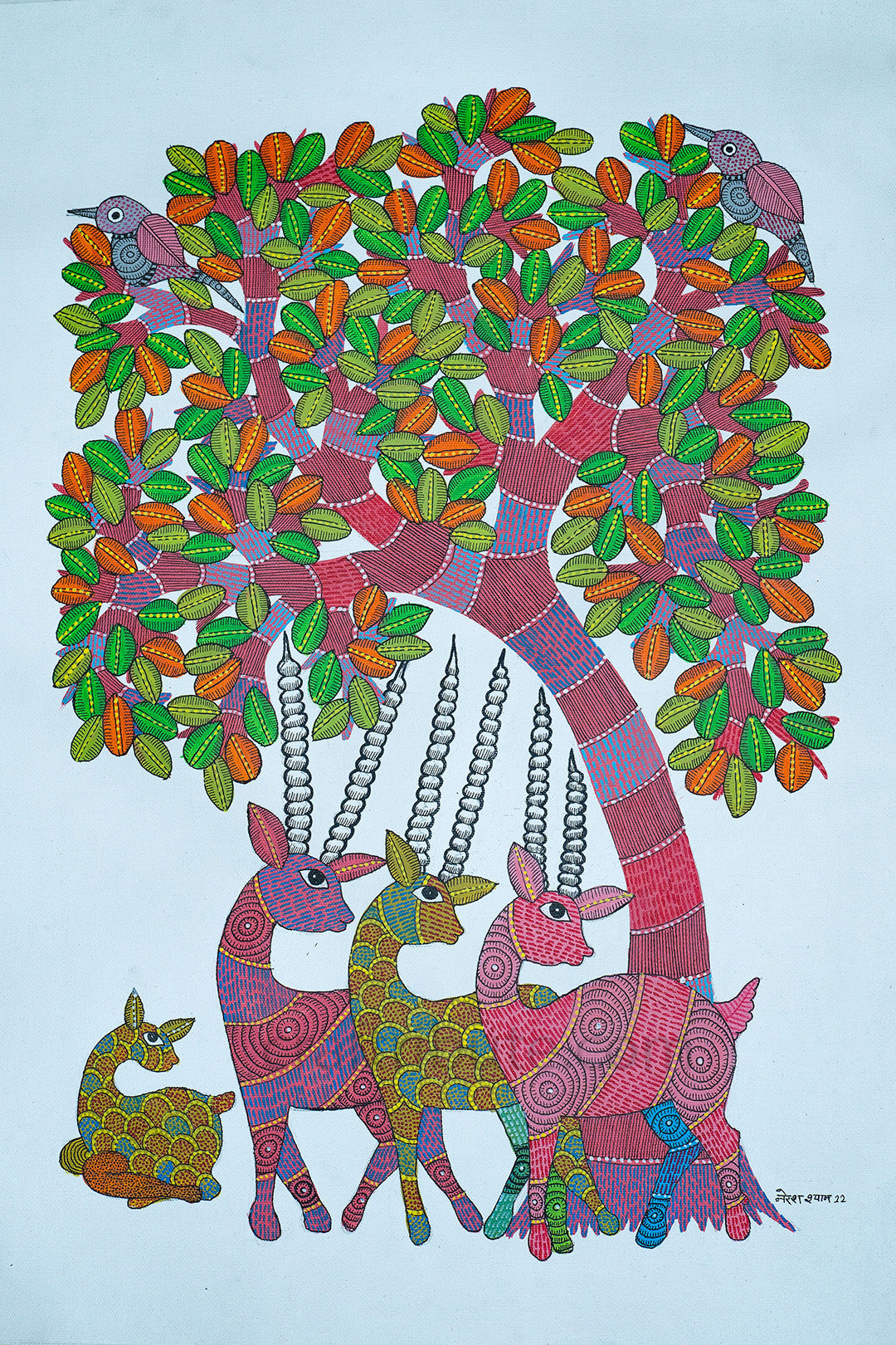 Gond Painting – Four Deer under Pink Tree