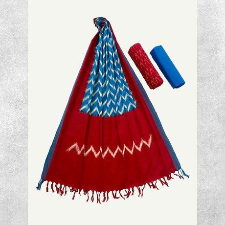 Pochampally Double Ikat Blue dress material with red bottom and Dupatta with Wave design