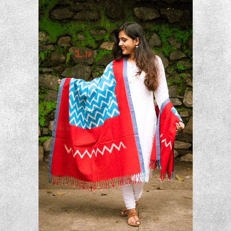 Pochampalli Patola (Double Ikat) Blue and Red Wave Handloom Dupatta