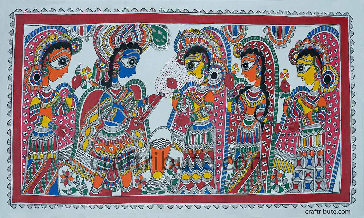 Madhubani Painting – Radha Krishna playing Holi