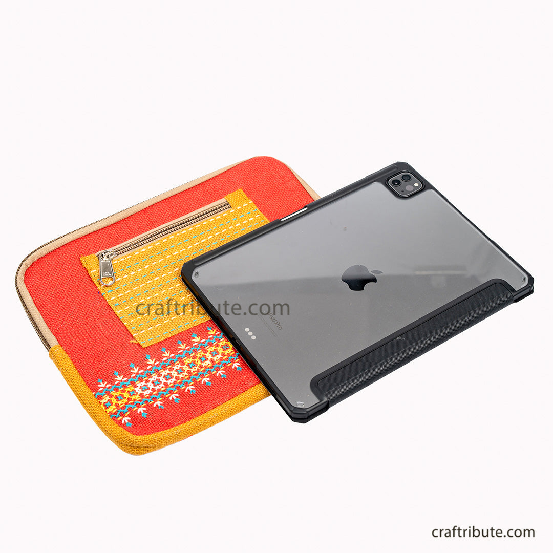 Bright & Beautiful Hand Embroidered Jute 11"iPad/Tablet sleeve in Red & Yellow with 11" iPad