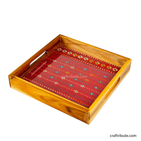 Tribal Hand Embroidered Jute Square Tray with Sagwan (Teak Wood) Wooden Frame