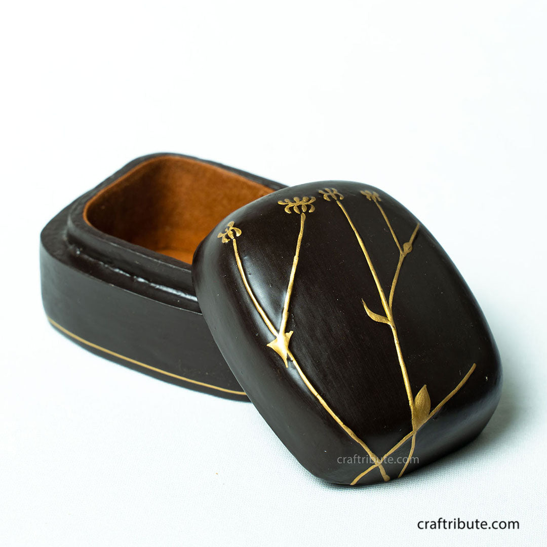 Paper Mache Brown Trinket Box with lid open