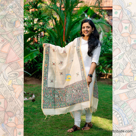 Madhubani hand painted Cotton Silk Dupatta – Gopi Border