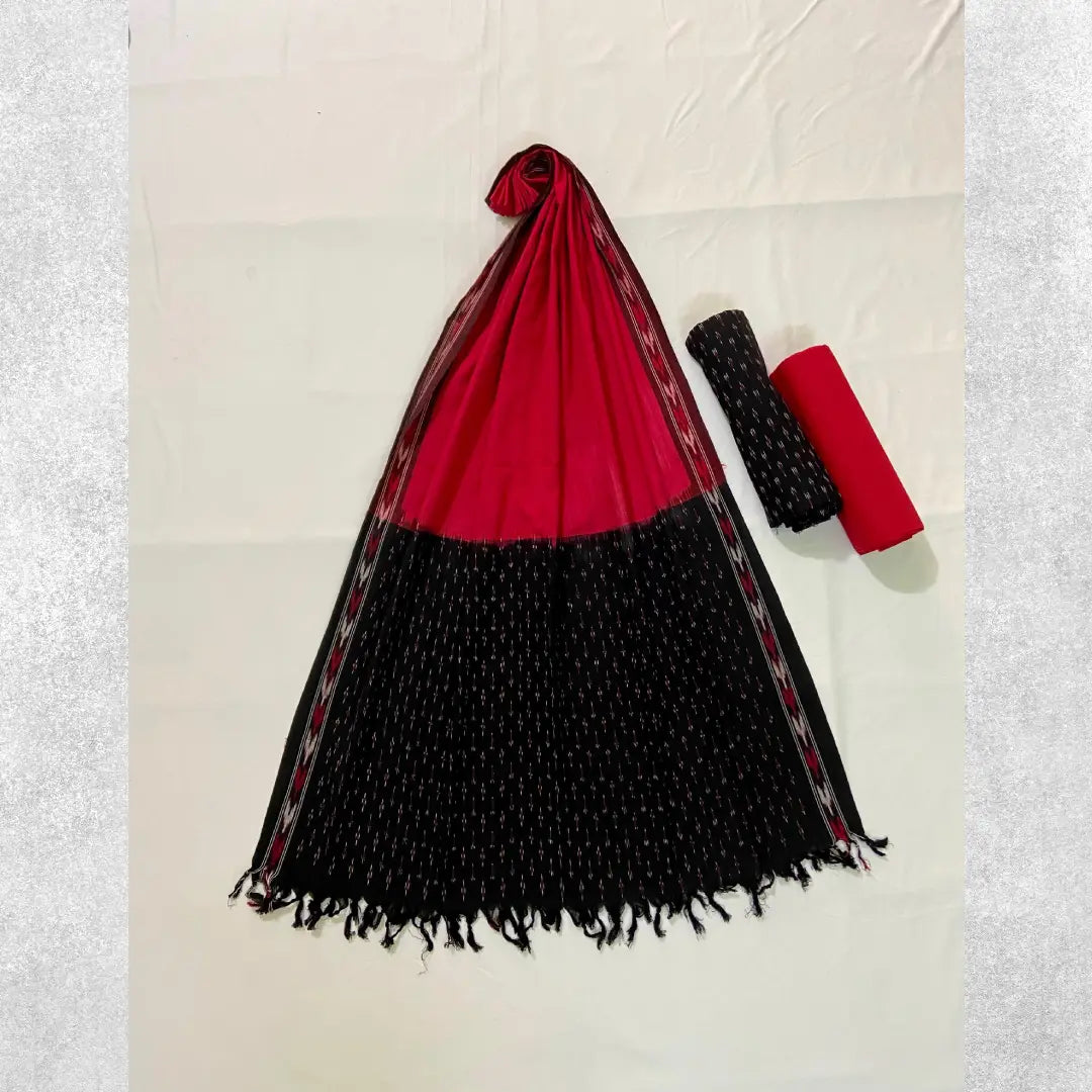 Black - 2pc Unstitched Pochampally Ikat Dress Material with Jewellery Set 01